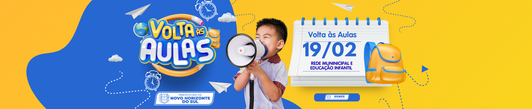 Banner mercado shops volta s aulas materiais escolares moderno azul laranja e branco 1728 x 356 px 1