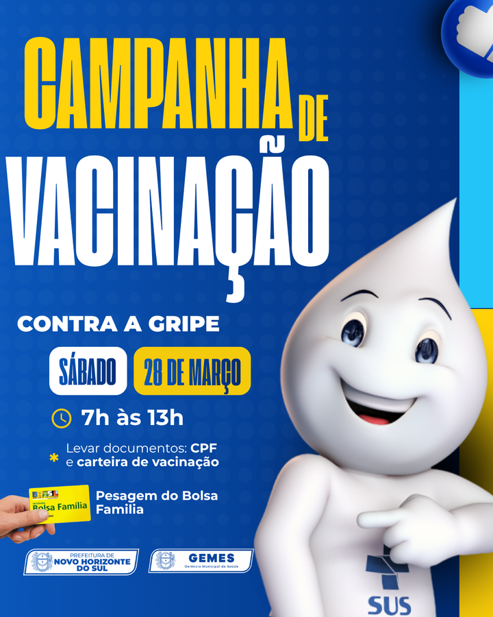 Novo Horizonte do Sul promove Dia D de Vacinação contra a Gripe e Pesagem do Bolsa Família neste sábado